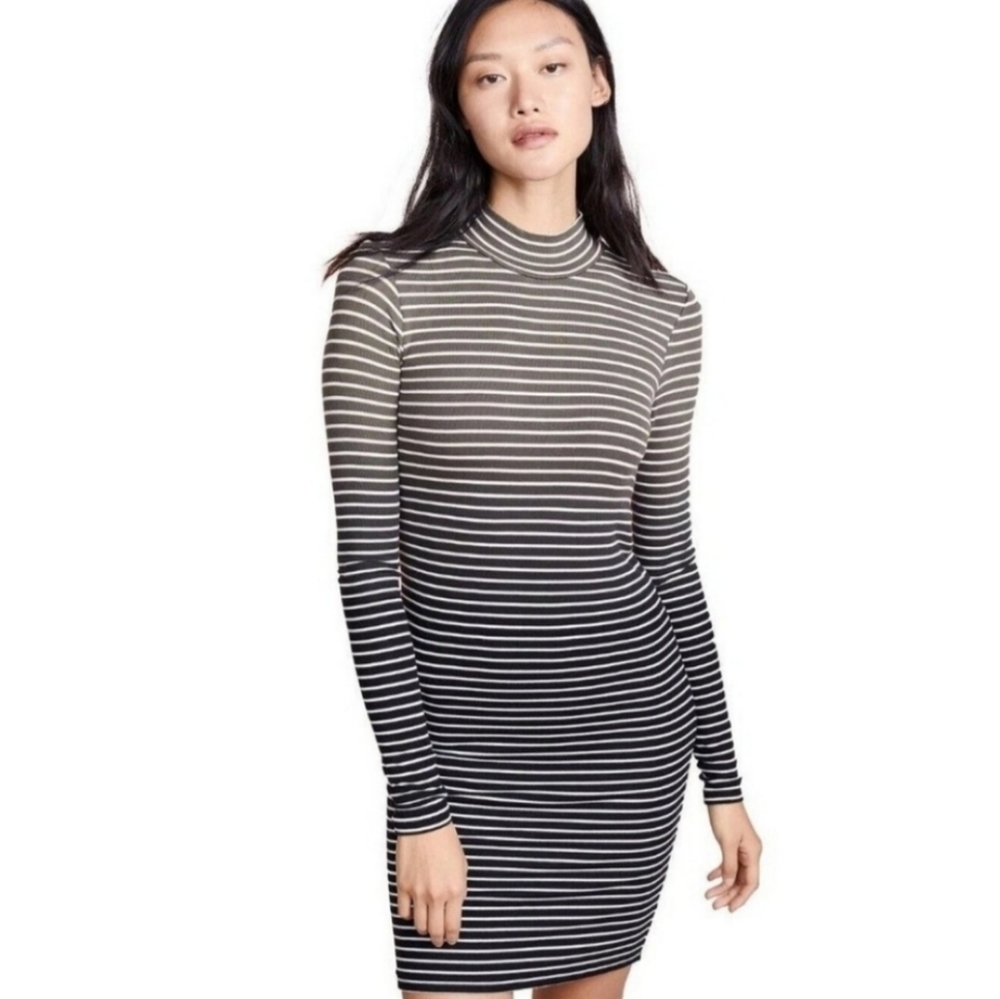 $325 ATM Anthony Thomas Melillo Stripe Rib Long Sleeve Mockneck Jersey Dress New